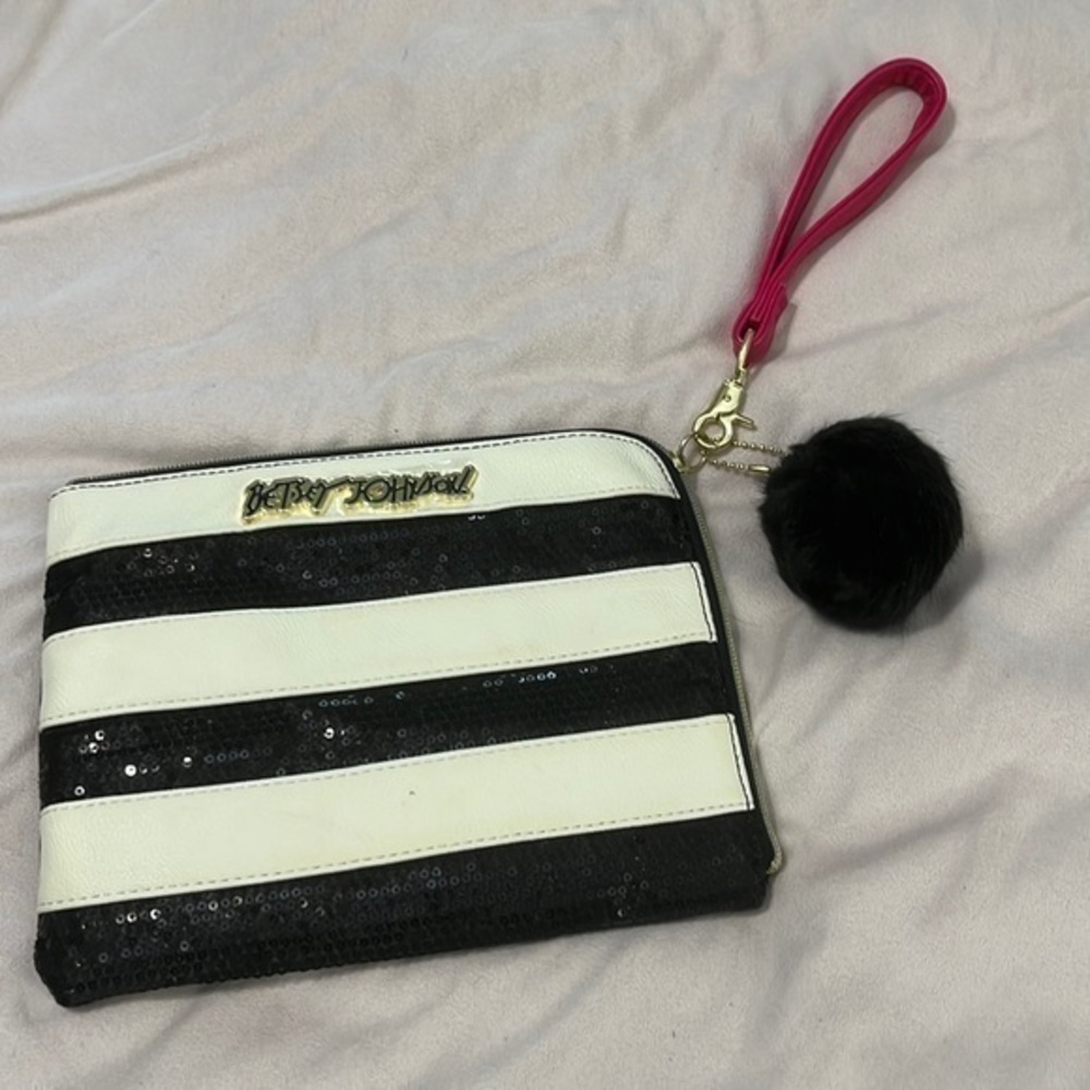 Betsy Johnson black and white striped sequined purse pink strap NWOT